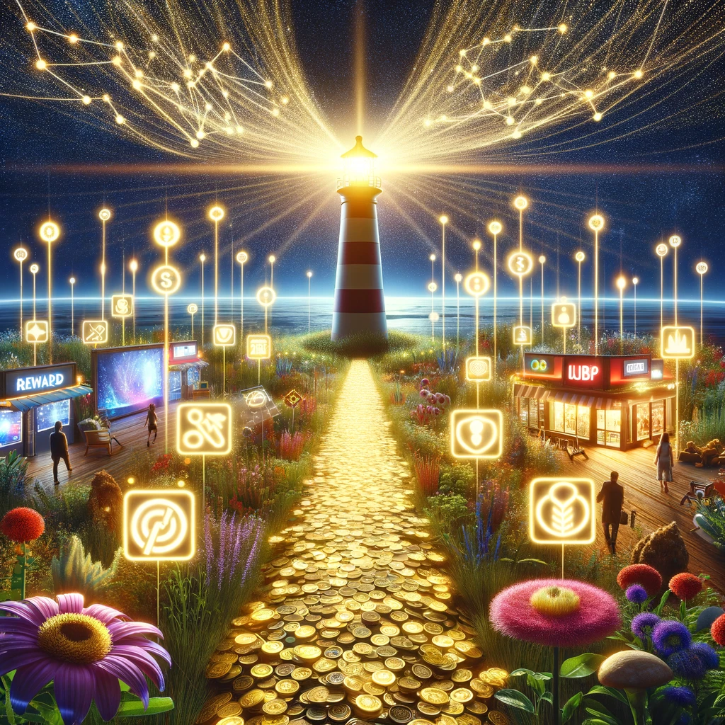 An illustration depicting a digital marketplace brightened by the beacon of a loyalty program, where a path of golden coins leads to an oasis of engagement, illustrating the power of rewards, technology, and analytics in forging lasting customer relationships.