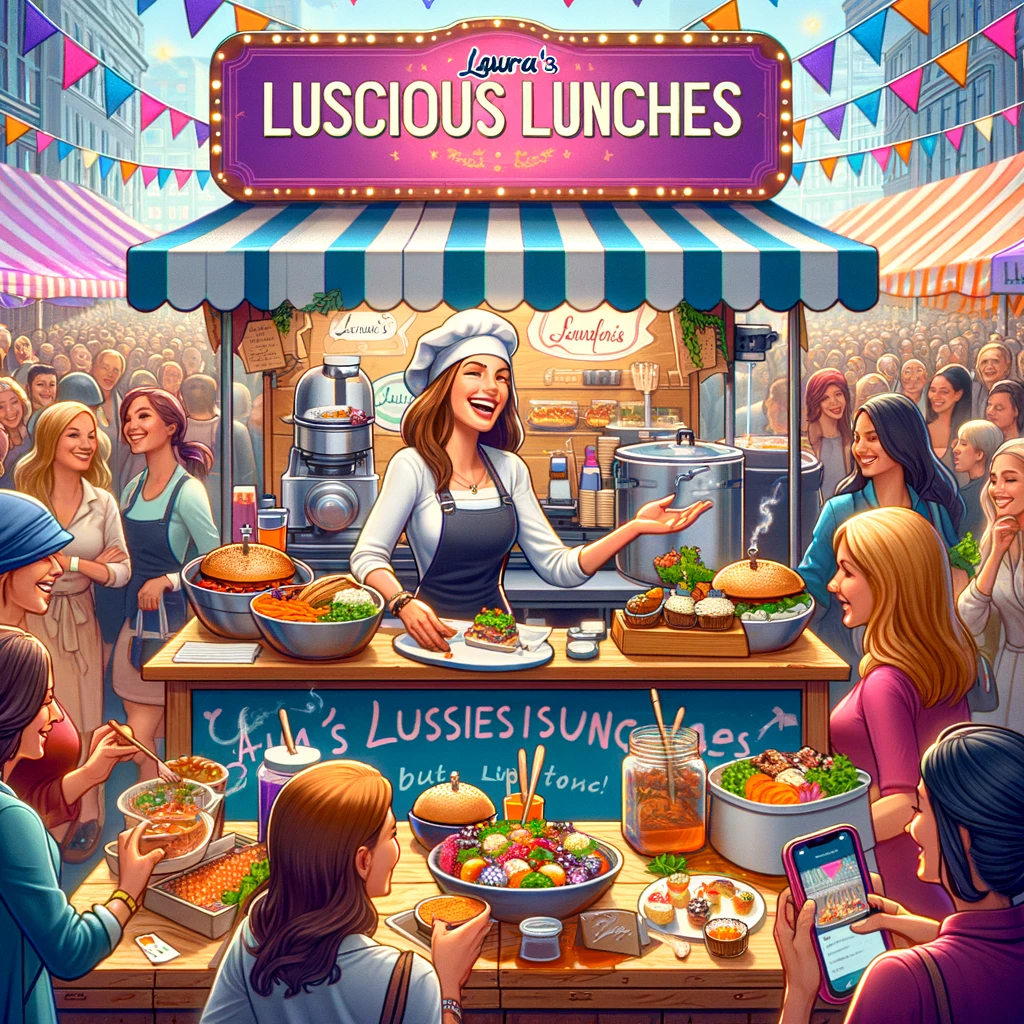 An image depicting a bustling food festival where "Laura's Luscious Lunches" has set up a vibrant and inviting booth, reflecting the success and growth of her business. The scene shows Laura interacting with customers, taking orders, and sharing the stories behind her gourmet dishes, capturing her entrepreneurial spirit and passion for cooking. This visualization also highlights the operational efficiency enabling her to thrive in such a dynamic setting.