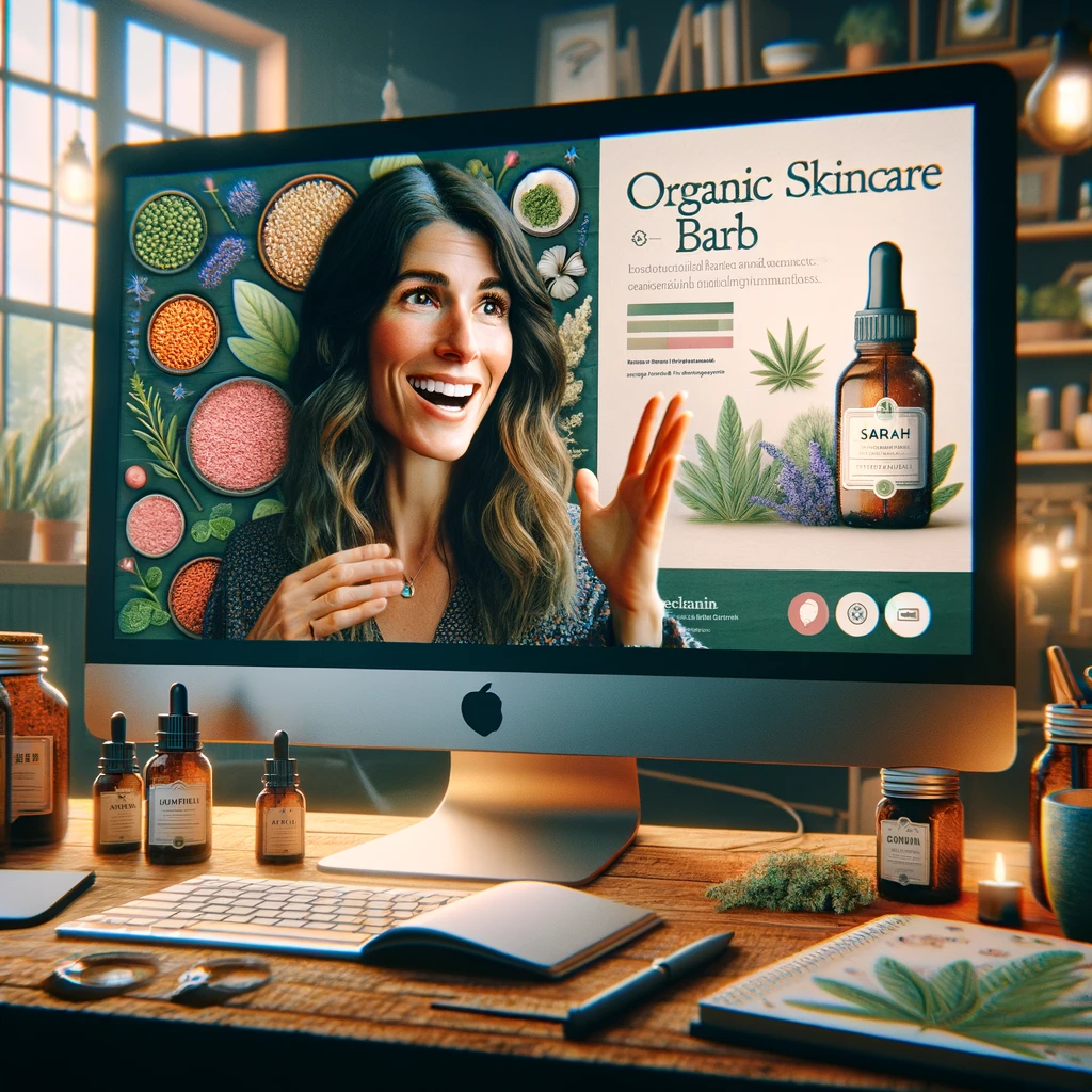 An image depicting Sarah, the visionary behind an organic skincare brand, passionately explaining the benefits of her products during a live webinar. The scene shows her engaging with her audience, with her screen filled with vibrant slides showcasing the botanical ingredients and their effects. This embodies her strategy of using diverse content formats to educate and connect with her audience, set against the backdrop of a cozy, personal workspace that reflects the authenticity and warmth she brings to her brand. This illustration highlights the dynamic and educational approach to content marketing in the realm of organic skincare.