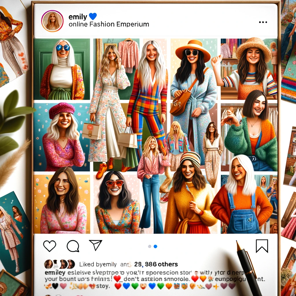 An image of a lively social media post by Emily for her online fashion emporium. It features a collage of happy customers wearing her boutique's outfits, vibrant and full of color, showcasing a diverse range of styles and customers, each sharing their unique fashion story. The caption encourages followers to share their own experiences with the brand, further fostering a sense of community and engagement. This image exemplifies Emily's strategy of leveraging social media to market her products while building and strengthening her online community, making every customer feel like part of a larger, fashion-forward family.