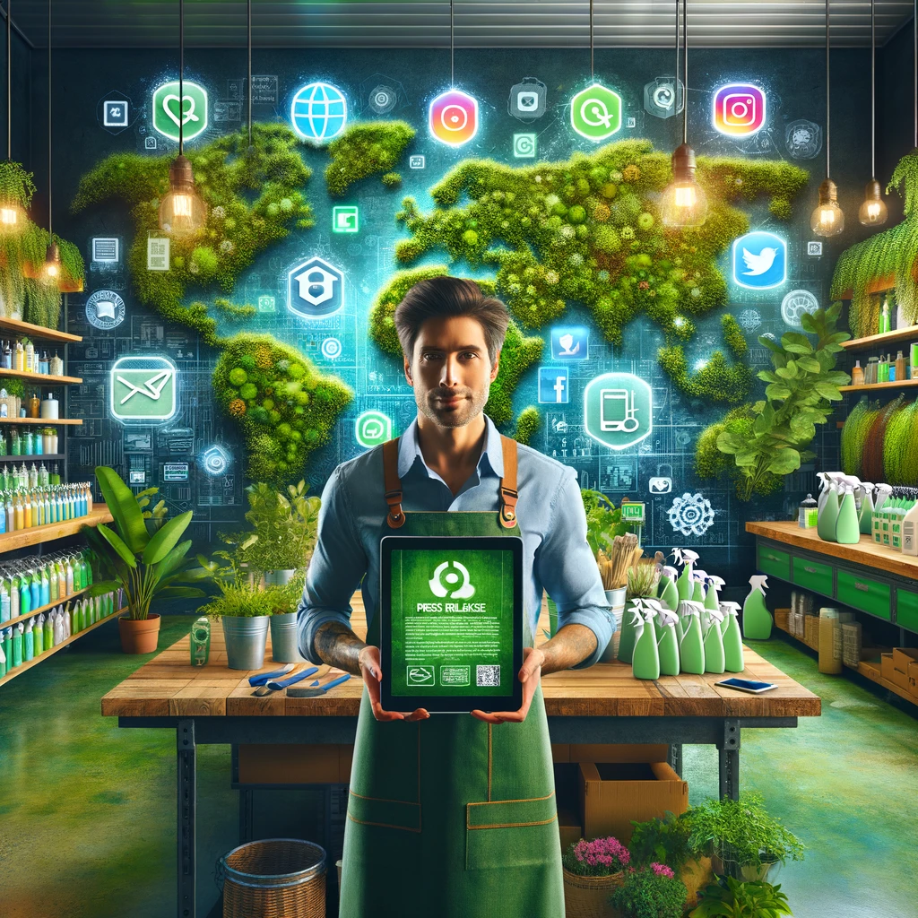 The image inspired by Liam's journey and the strategic PR efforts in the green cleaning industry, capturing the essence of transforming a brand's mission into a global connection through media and public relations.