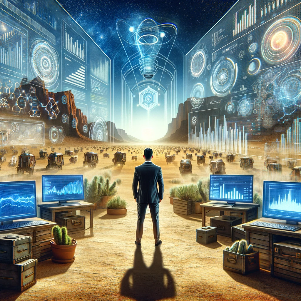 The image illustrates Ethan's transformation from a solitary digital outpost to a vibrant online marketplace. Surrounded by gadgets and digital campaigns, with a backdrop that shifts from a desert to a bustling market, it visually encapsulates his strategic journey through the digital marketplace, highlighting the successful expansion and integration of technology in business growth.