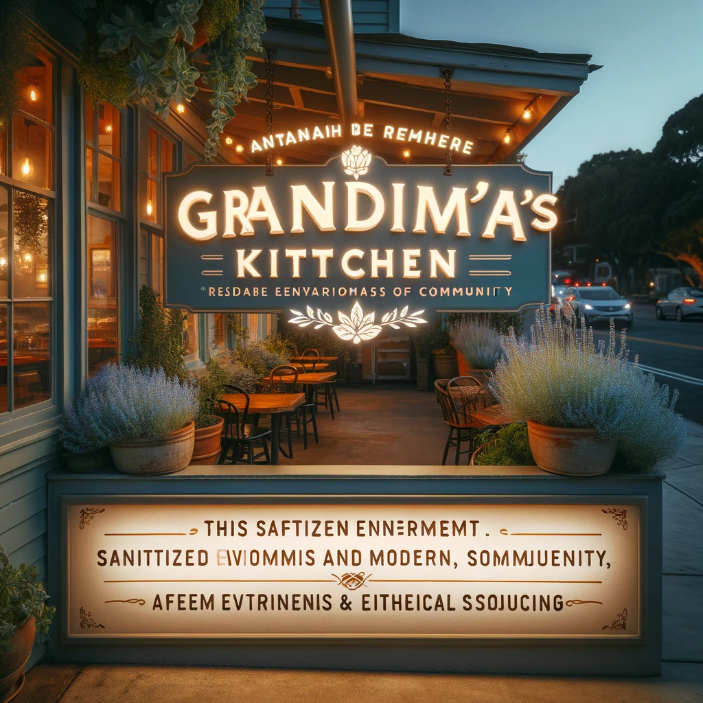 This image portrays the exterior of "Grandma's Kitchen" at dusk, bathed in soft, welcoming lights that invite diners into a space of warmth and comfort. The signage reflects the restaurant's commitments to safety, community, sanitized environments, and ethical sourcing, encapsulating Hannah's dedication to blending traditional hospitality with modern health standards. It sets the stage for dining experiences that are not just memorable, but also founded on trust and care, symbolizing the restaurant as a safe haven for all who enter.