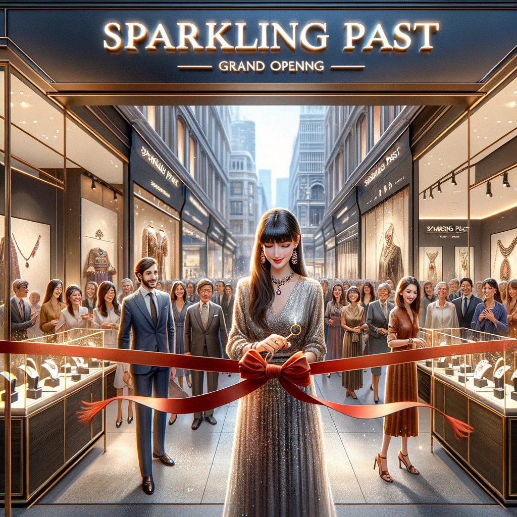 This image portrays the grand opening of "Sparkling Past's" flagship store, with Isabel ceremoniously cutting the ribbon, marking a significant moment in the brand's history. The store, a blend of modern design and cultural heritage, showcases jewelry displays that tell the stories of their origins. Attracting a diverse, cosmopolitan crowd, the event highlights the brand's global appeal and its journey from a passionate endeavor to a globally recognized name. This celebration underscores "Sparkling Past's" achievement in connecting cultures through the artistry of handcrafted jewelry.