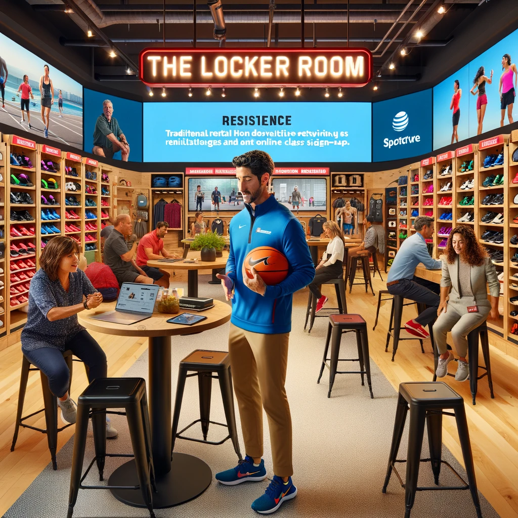 This image vividly captures the lively atmosphere inside "The Locker Room," where traditional retail harmoniously coexists with innovative services like gear rentals and online fitness classes. Customers are seen engaging in a variety of activities, from trying out sports equipment to participating in virtual classes displayed on screens throughout the store. Kevin, providing personalized service and showcasing his adaptability, interacts with customers, embodying the spirit of resilience. The scene highlights how diversification and flexibility contribute to a thriving, customer-focused business model, demonstrating the power of resilience in the face of change.