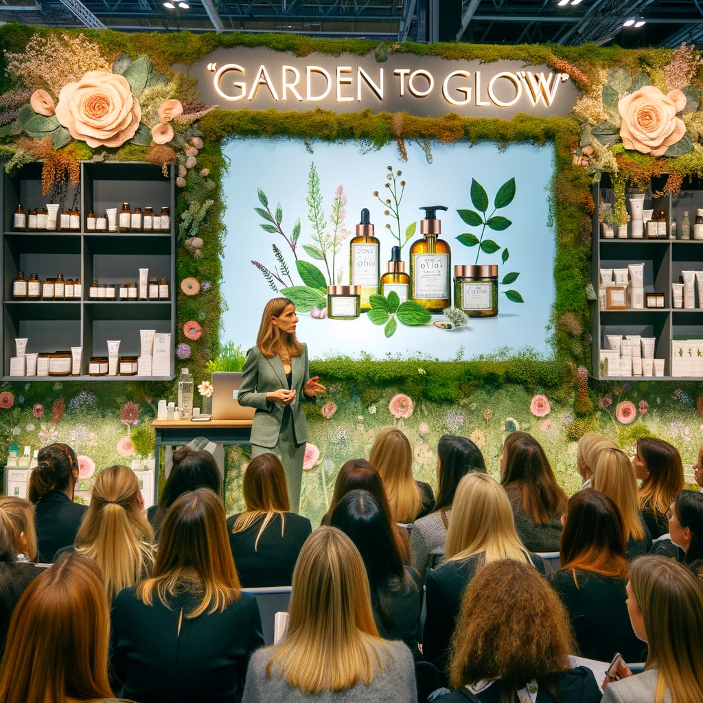 This image captures a moment at a beauty conference where Olivia unveils her "Garden to Glow" skincare line to an engaged audience. The presentation space is beautifully decorated with botanical elements and product showcases, effectively blending herbalism with science. The audience's attention to the development story of each product, from the garden to the lab and finally to the consumer, underscores Olivia's dedication to innovation, sustainability, and deep customer engagement. This scene positions her as a vanguard in the beauty industry's shift towards green and sustainable practices.