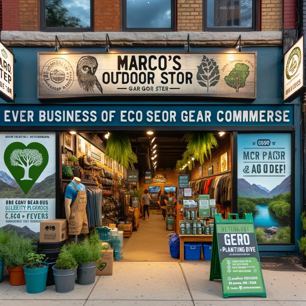 This image portrays Marco's outdoor gear store as an emblem of eco-conscious commerce within the city. The storefront, adorned with signs promoting local environmental initiatives, invites the community to partake in river clean-ups and tree-planting drives. Inside, shelves stocked with sustainable products and eco-friendly packaging reflect the store's dedication to environmental stewardship.