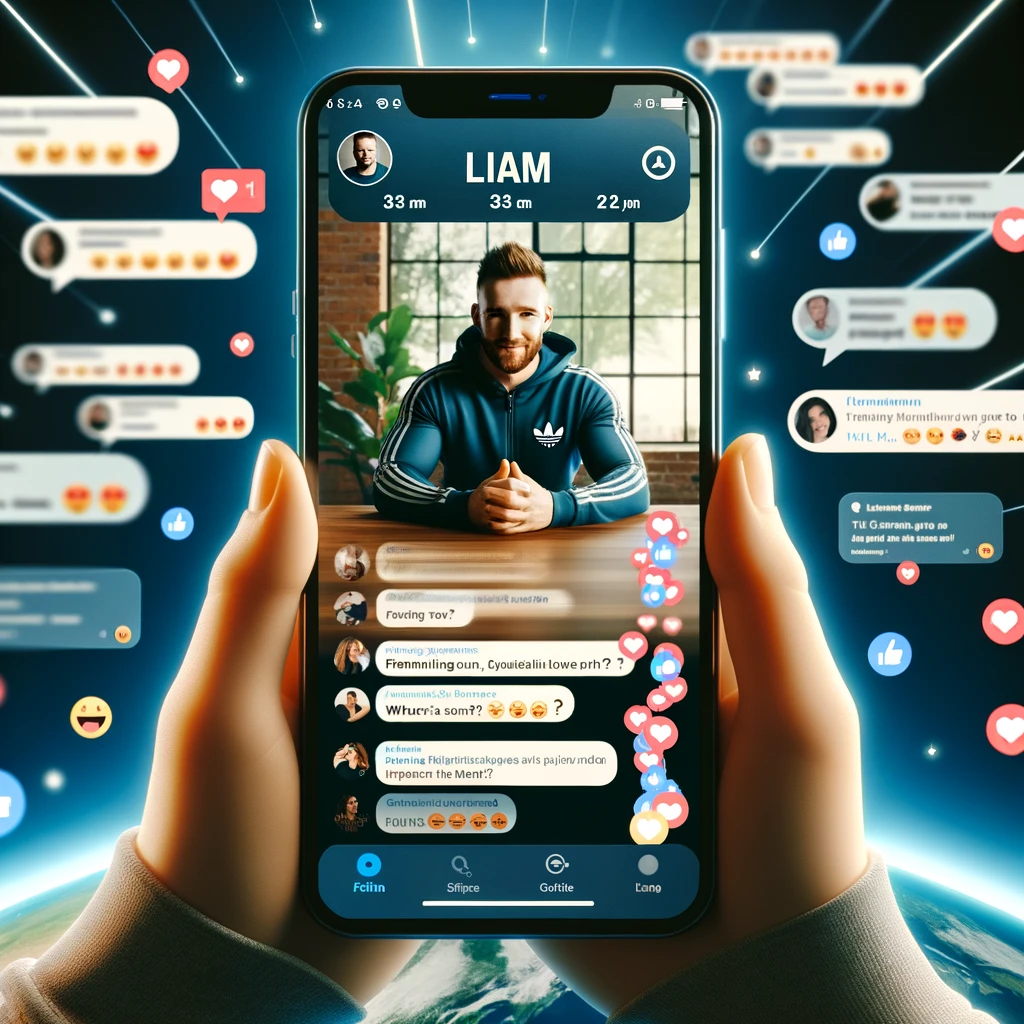 This image vividly captures Liam engaging with his fitness app community during a live Q&A session. The screen is alive with user interactions, including questions, emojis, and positive feedback, illustrating the platform's vibrant community spirit. It highlights the digital camaraderie fostered by the app, where each member's voice contributes to a supportive and interactive atmosphere, emphasizing the brand's commitment to meaningful engagement and valuing its users.