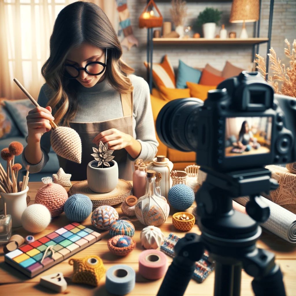 This image captures Emma in the midst of creating a captivating video for her home décor brand, surrounded by an array of colorful home accessories and a professional camera setup. The scene beautifully illustrates her process of crafting content that narrates the story of her products, emphasizing the meticulous attention to detail and creativity infused in each video. It showcases the artistry and strategic thought that have propelled her brand to success through video marketing, transforming simple showcases into immersive brand experiences.