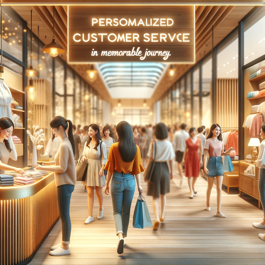 An image illustrating a bustling boutique scene where personalized customer service transforms shopping into a memorable journey, echoing warmth and care in every interaction.