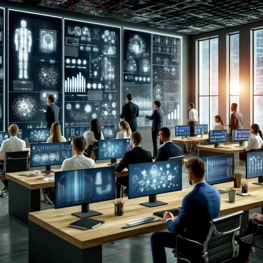 An image features a modern office with a diverse group of professionals using AI tools to optimize various aspects of business operations.