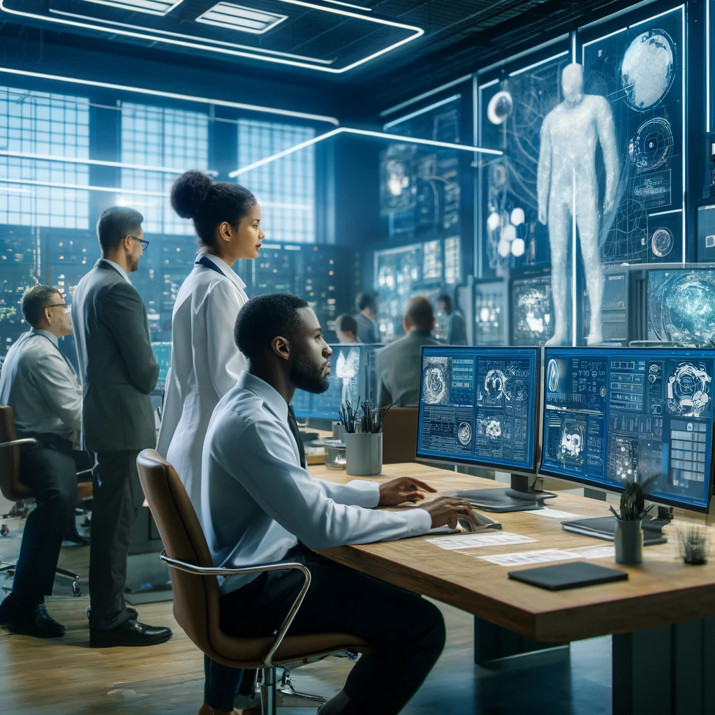 This image depicts a high-tech digital forensics lab where a diverse team of experts uses AI to analyze and prevent online. AI-powered digital forensics lab with diverse experts analyzing online fraud.