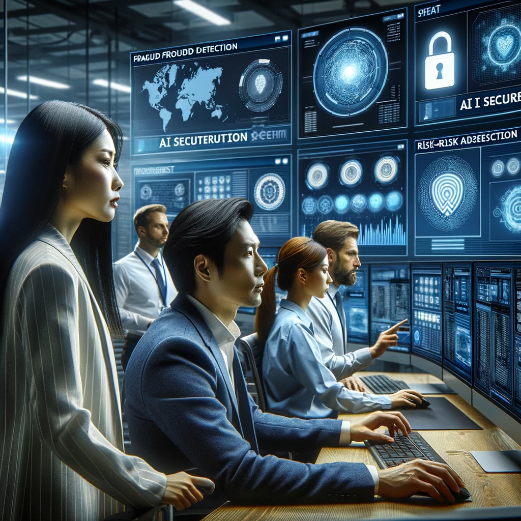 An image features a futuristic cyber security operations center where a diverse team of professionals uses advanced AI technologies to monitor and secure online transactions. Futuristic AI-driven cyber security center monitoring online business transactions.