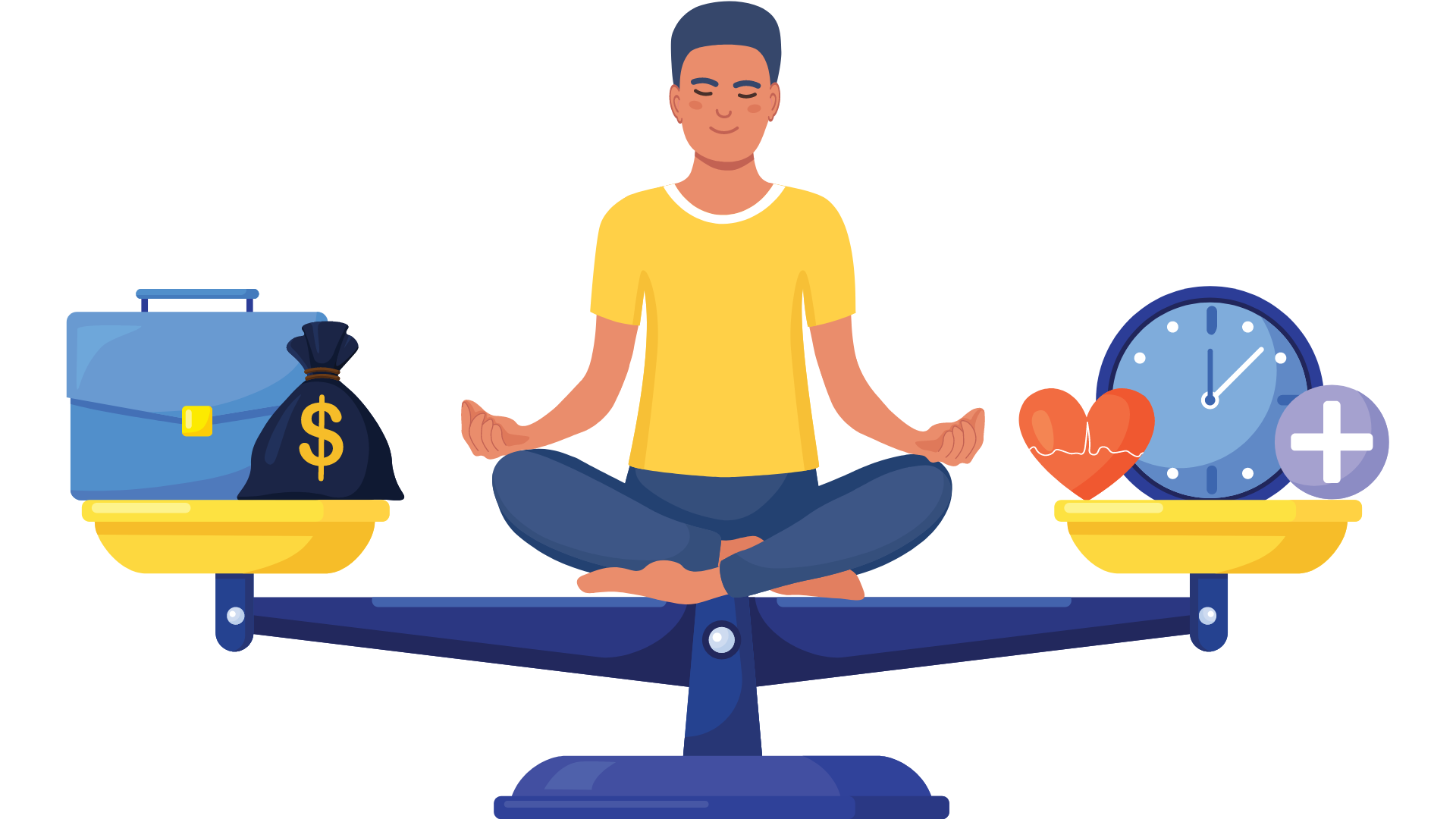 A man meditating sitting on a balancing machine, with briefcase & money on his right and health icons on his left side.