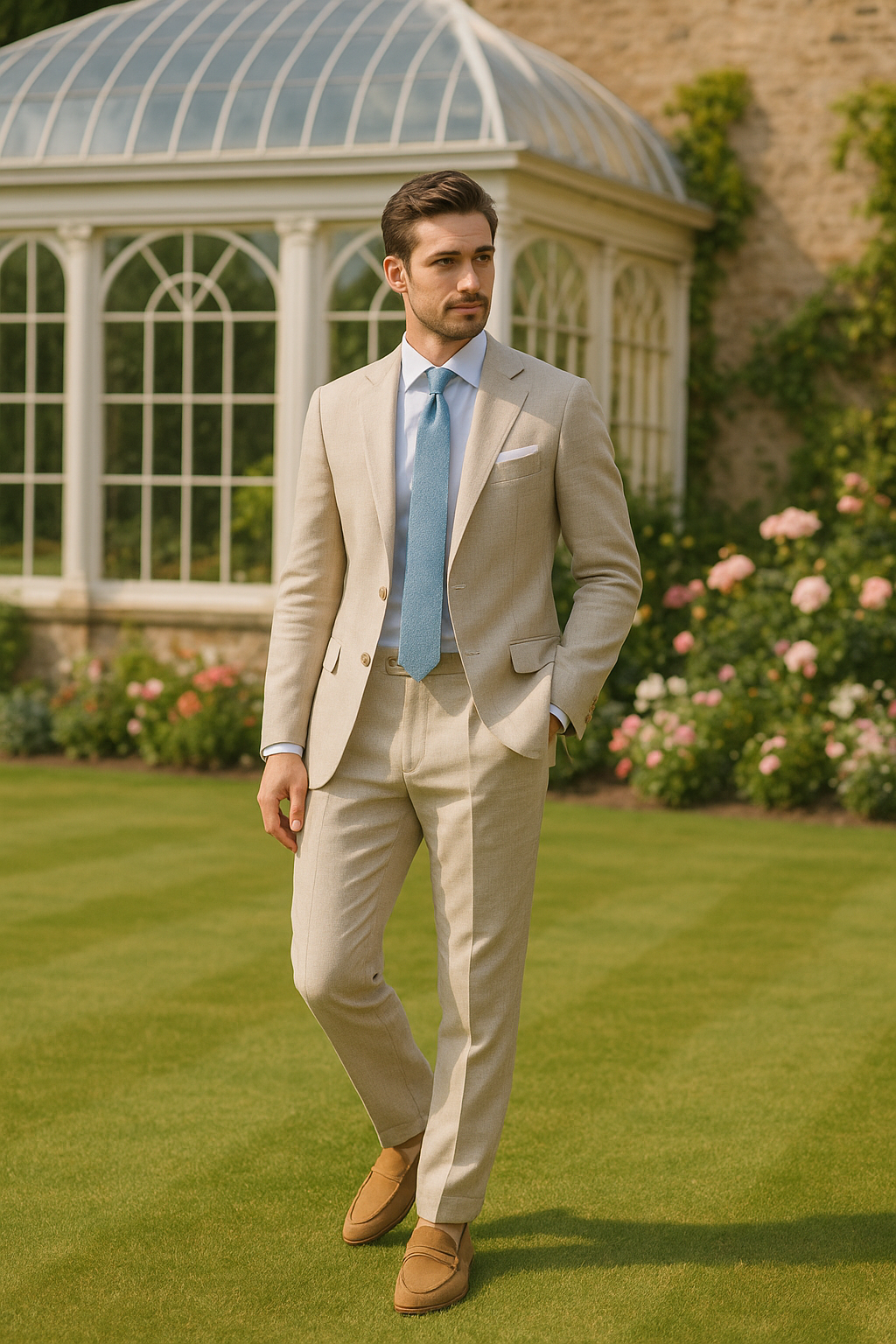Well-dressed man in a beige linen suit with a blue tie, standing on a manicured lawn in front of a historic greenhouse surrounded by blooming flowers at a summer wedding in Harrogate. Well-dressed man in a beige linen suit with a blue tie, standing on a manicured lawn in front of a historic greenhouse surrounded by blooming flowers at a summer wedding in Harrogate.