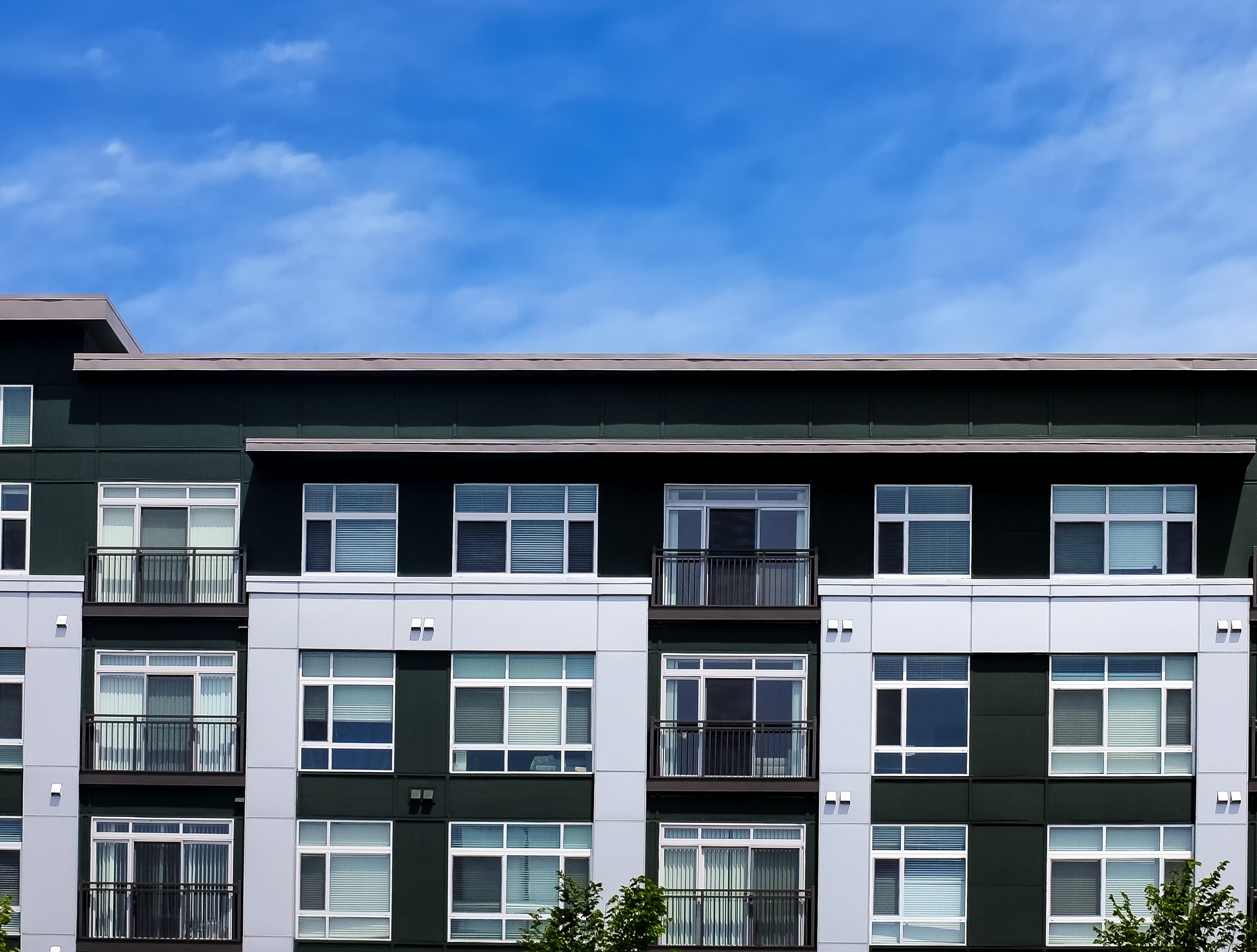 Black and white apartment with blue sky in the background.
