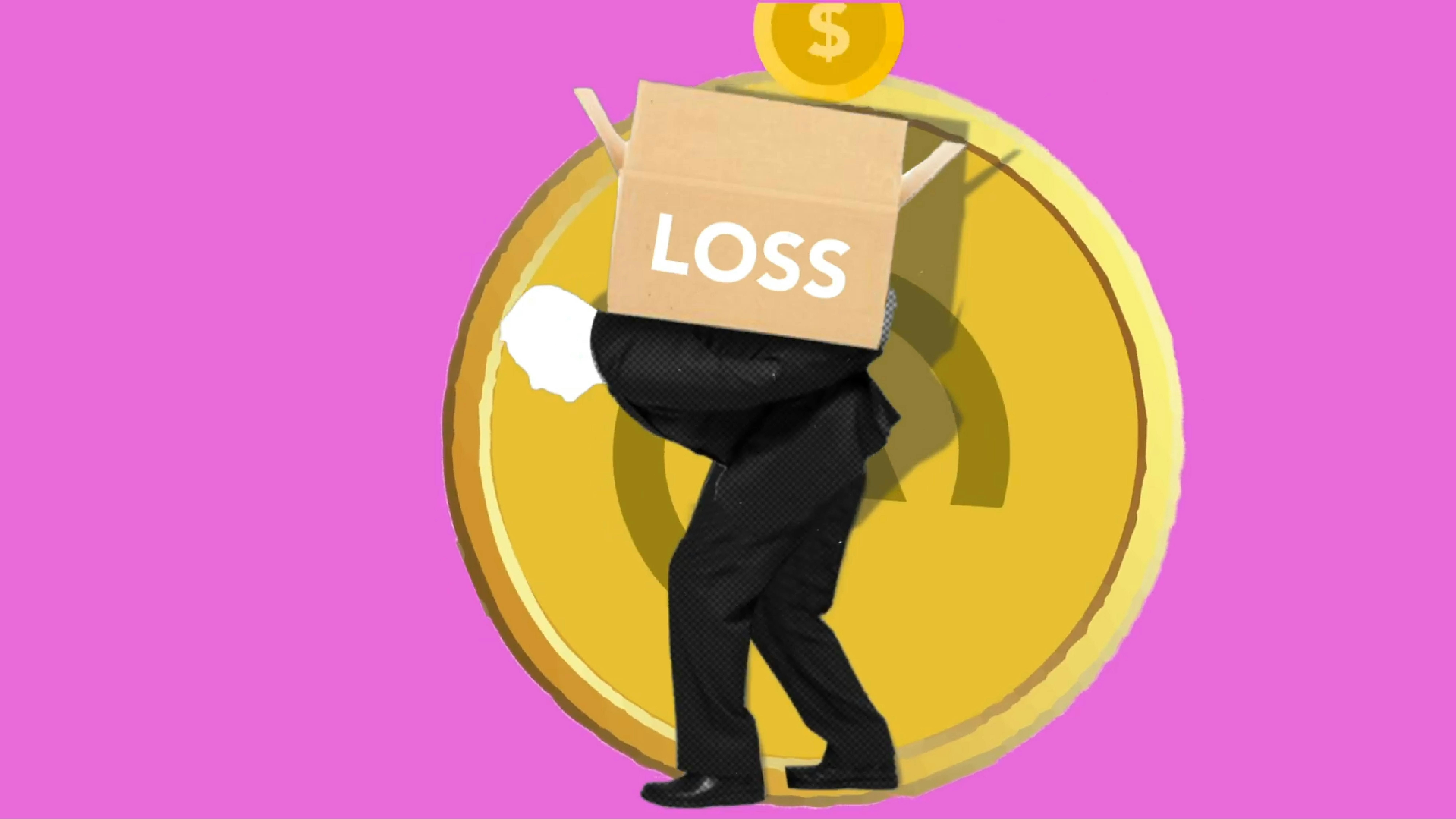 Illustration of a person bent forward under the weight of a large cardboard box labeled “LOSS,” set against an oversized gold coin on a pink background—symbolizing the financial burden of unexpected claims and losses for senior living operators. Illustration of a person bent forward under the weight of a large cardboard box labeled “LOSS,” set against an oversized gold coin on a pink background—symbolizing the financial burden of unexpected claims and losses for senior living operators.