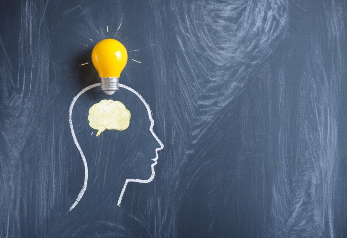 Yellow light bulb over the paper cutout brain on the outline face made with chalk over the blackboard