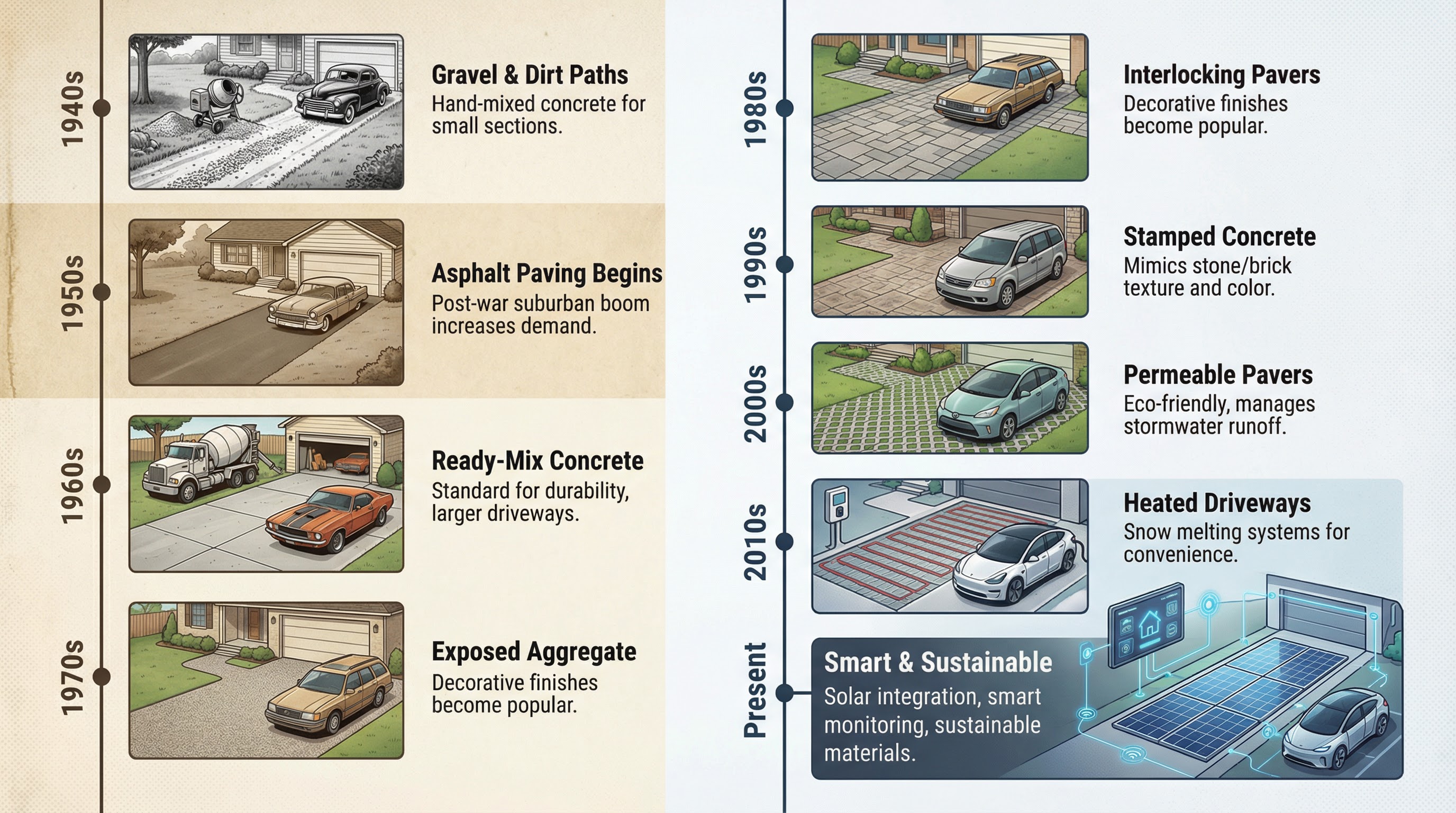 Timeline showing driveway construction evolution from 1940s to present Timeline showing driveway construction evolution from 1940s to present