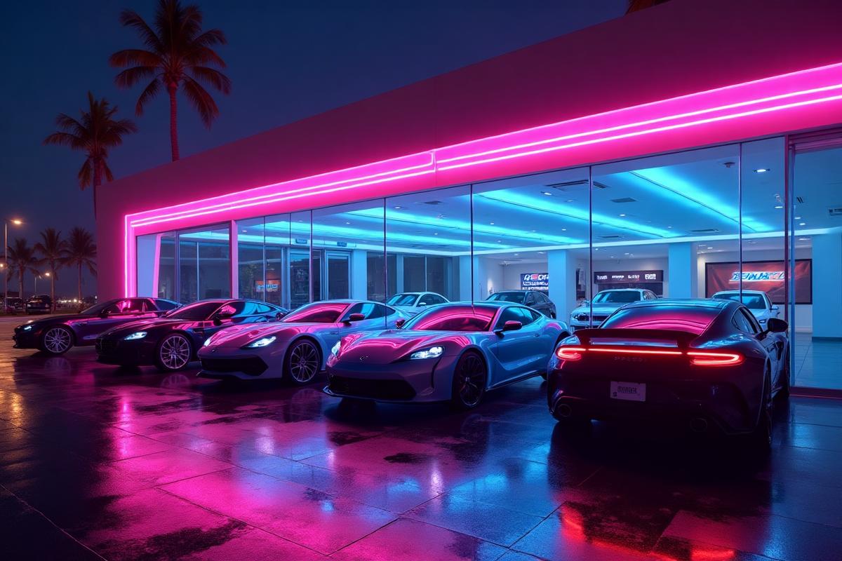Neon-lit car showroom