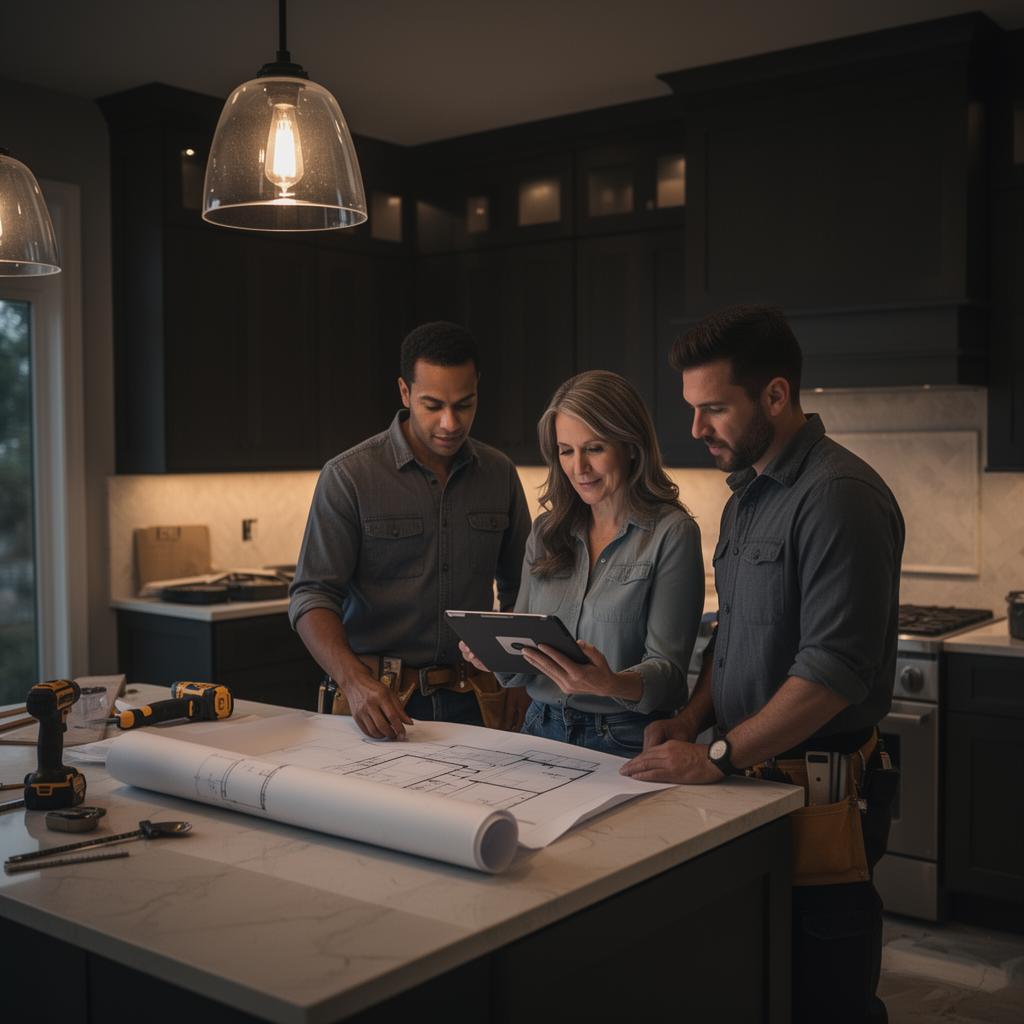 Contractor team consulting with homeowner
