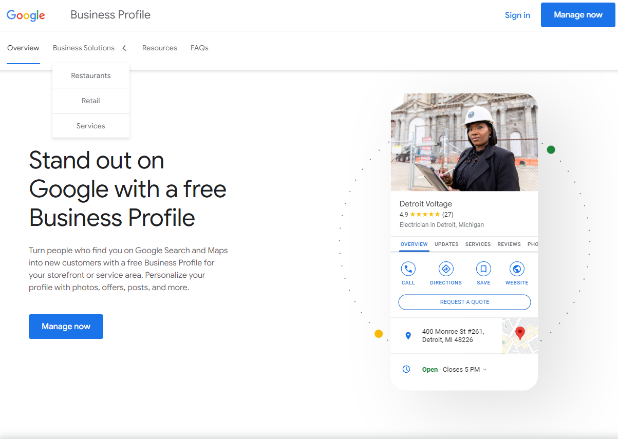 google business profile website home page hero
