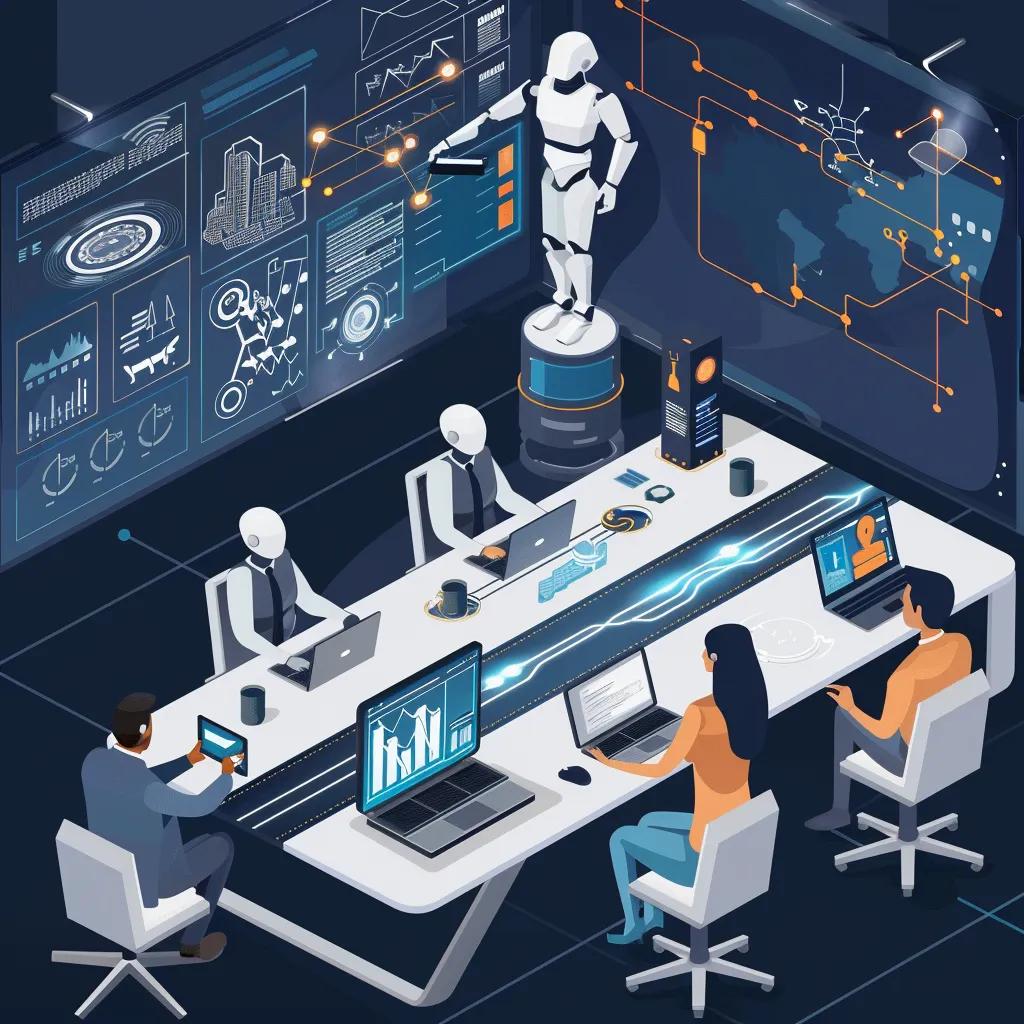 a modern board room of an office with a central table surrounded by alternating men, women, and humanoid robots.