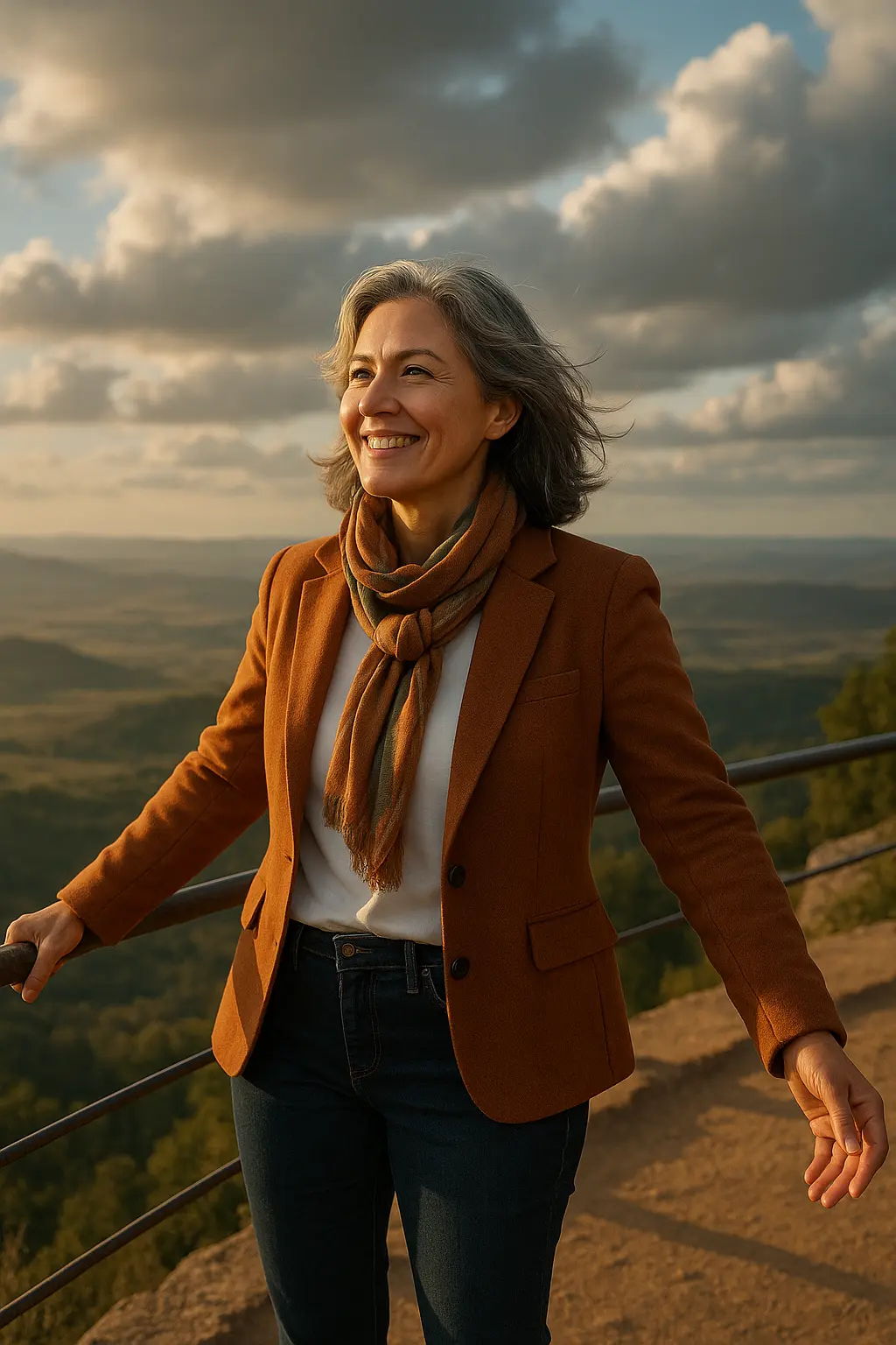 Frau Mitte 40 entspannt in der Natur, authentisch und selbstbestimmt