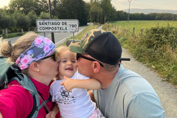 Ashley Dwyer, her daughter Bellamy, and partner Jason (from left to right) traveling across Roncesvalles, Spain