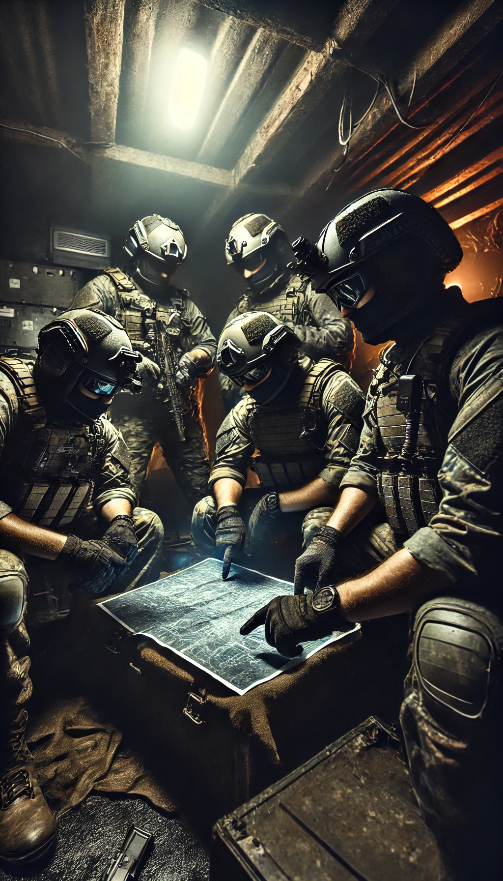 Vertical aspect ratio image of special forces planning a mission, make it intense, powerful and dark, make the special forces soldier have tactical gear