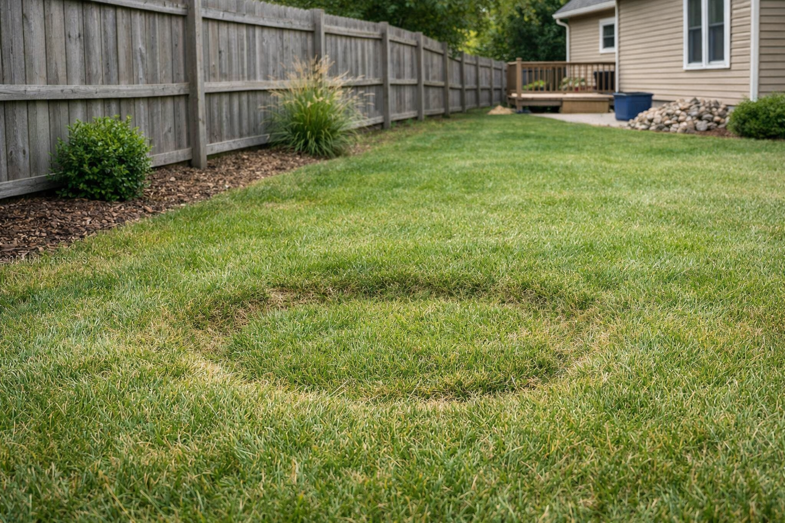 Circular depression in a backyard lawn.