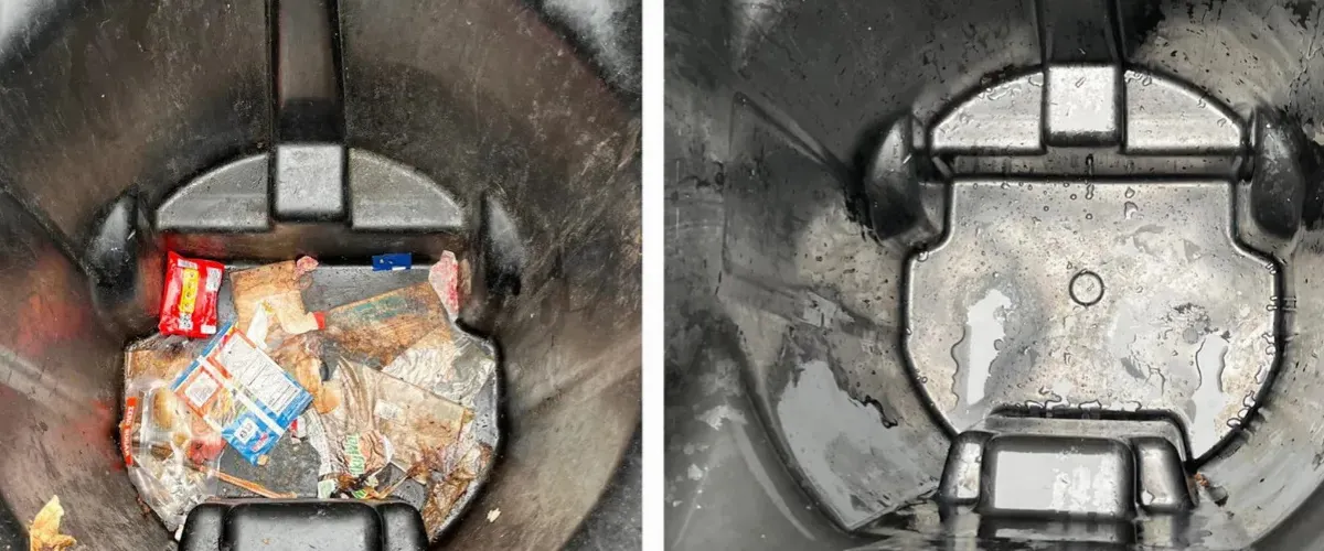 Before and after comparison of trash can interior cleaning showing dirty and clean results. Before and after comparison of trash can interior cleaning showing dirty and clean results.