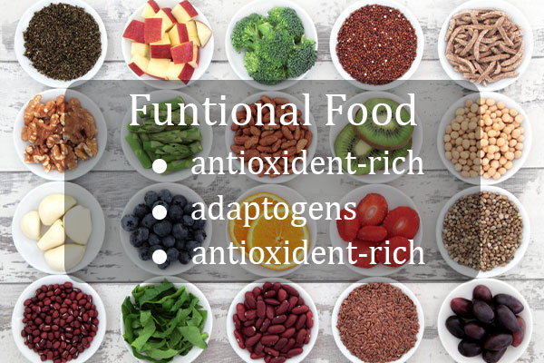 Colorful bowls of functional foods like berries, nuts, and seeds Colorful bowls of functional foods like berries, nuts, and seeds
