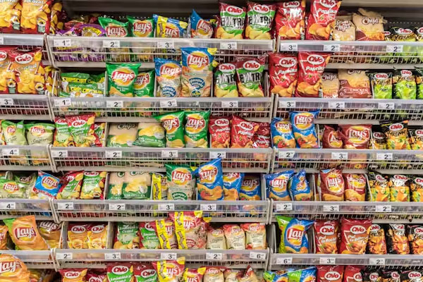 Assortment of packaged food products on a supermarket shelf Assortment of packaged food products on a supermarket shelf