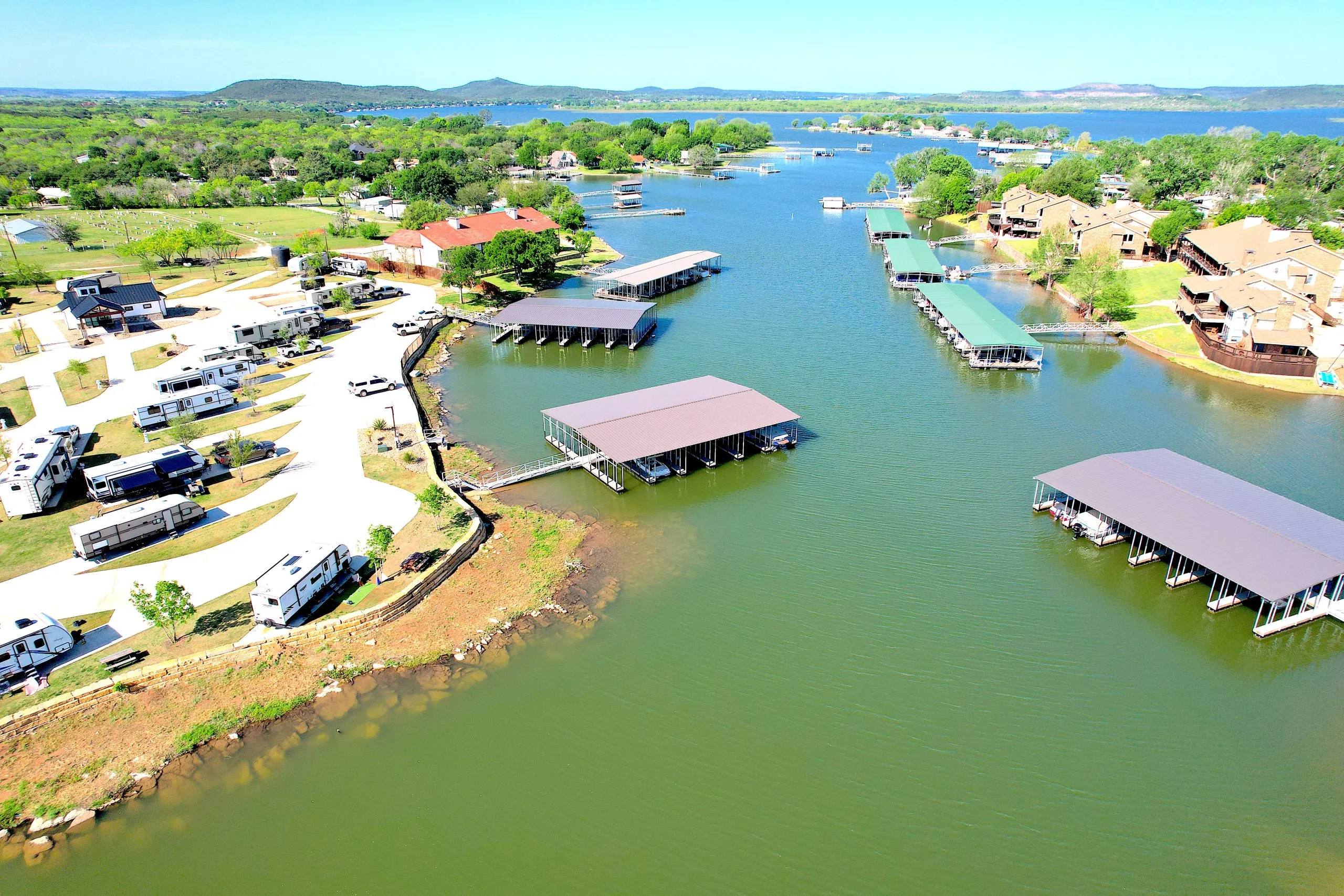 Modern RV with full hookups at waterfront site on Possum Kingdom Lake