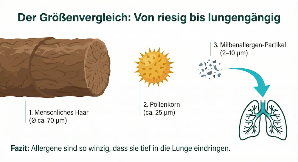 Der Größenvergleich: Von riesig bis lungengängig – Menschliches Haar (70µm), Pollenkorn (25µm), Milbenallergen-Partikel (2-10µm)
