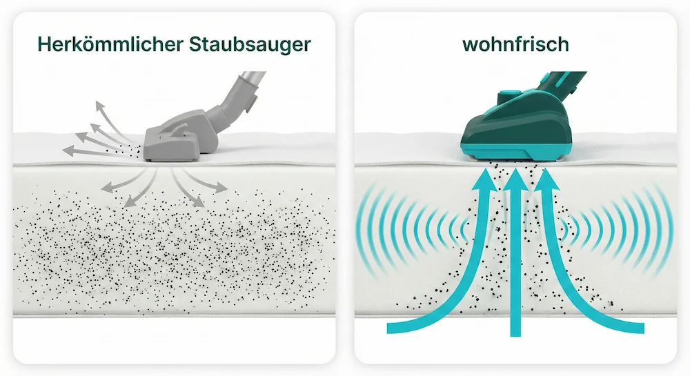 Vergleich: Herkömmlicher Staubsauger (oberflächlich) vs. wohnfrisch (Vibration bis in die Tiefe)