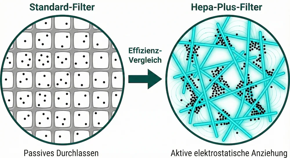 Effizienz-Vergleich: Standard-Filter (passives Durchlassen) vs. Hepa-Plus-Filter (aktive elektrostatische Anziehung)