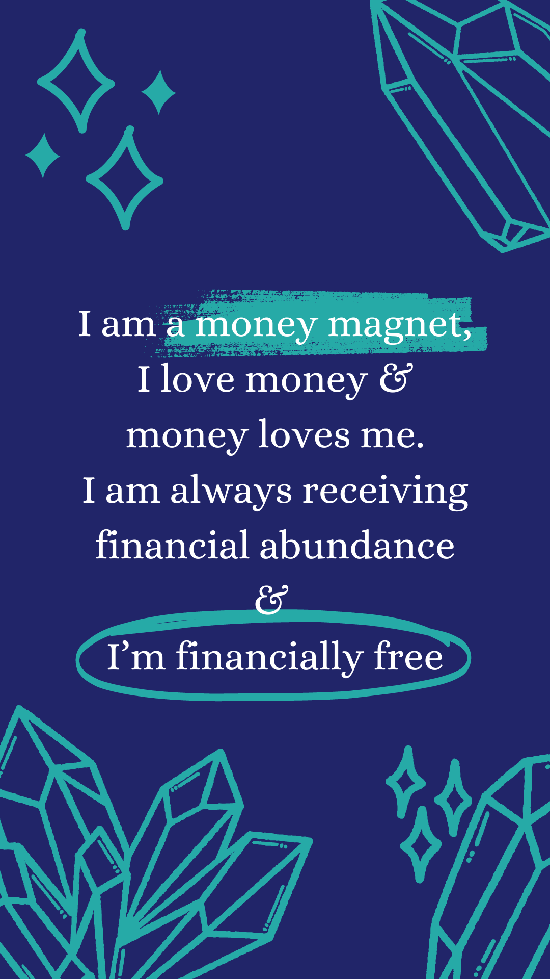 Blue background with green swirls artwork and phrase: I am a money magnet, I love money & money loves me. I am always receiving financial abundance &  I’m financially free
