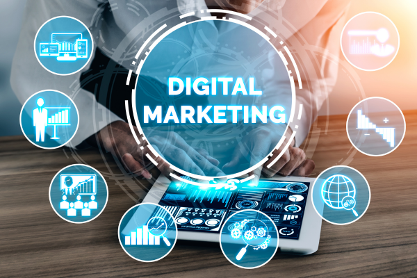 Digital marketing concept with a tablet displaying analytics and charts, surrounded by icons representing various marketing strategies such as audience targeting, data analysis, global reach, and campaign management, with the text 'Digital Marketing' highlighted in the center. Digital marketing concept with a tablet displaying analytics and charts, surrounded by icons representing various marketing strategies such as audience targeting, data analysis, global reach, and campaign management, with the text 'Digital Marketing' highlighted in the center.