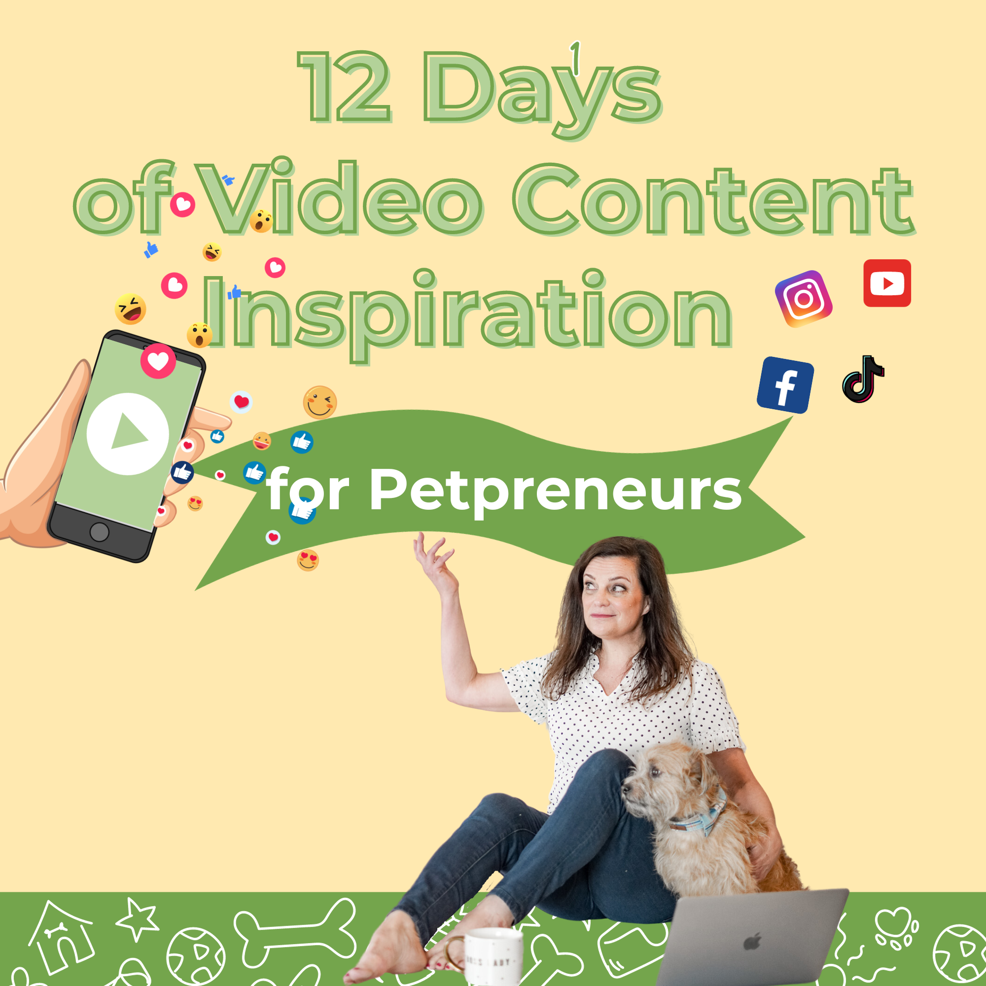 A woman sits on the floor, pointing to the title, with a cute, small dog by her side