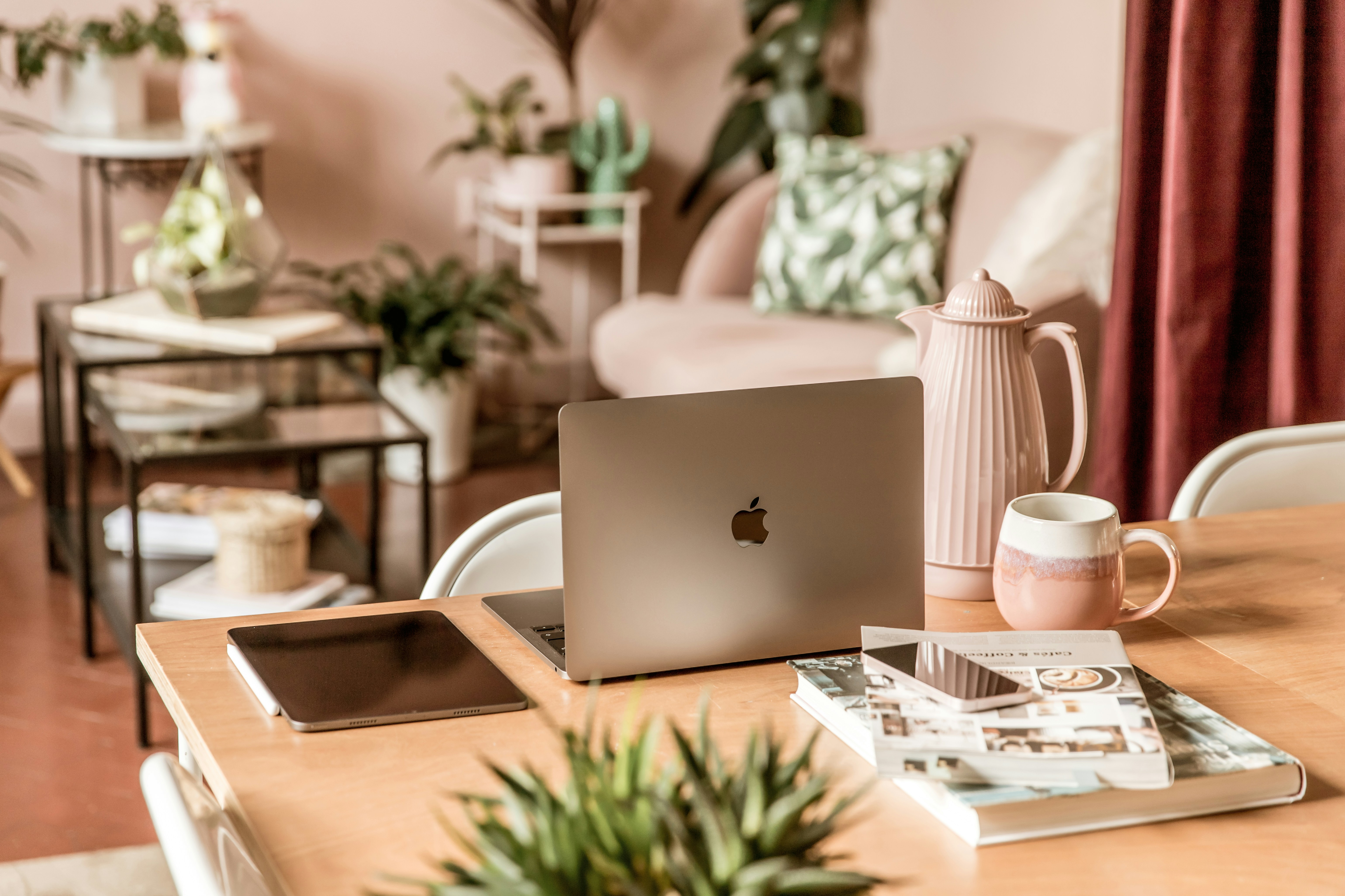 MacBook on desk with plants