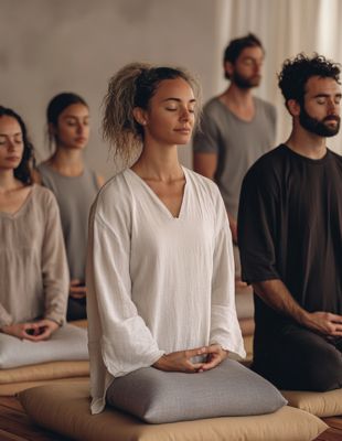 A group of individuals seated in meditation with calm, focused expressions—reflecting the mindful, person-centred approach to emotional wellness at Clarity Counselling A group of individuals seated in meditation with calm, focused expressions—reflecting the mindful, person-centred approach to emotional wellness at Clarity Counselling