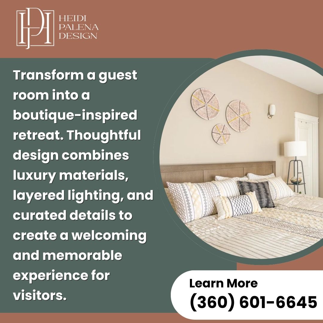  Modern bedroom with layered textures, a wooden headboard, and circular wall art. Heidi Palena Design offers guest room transformation. 