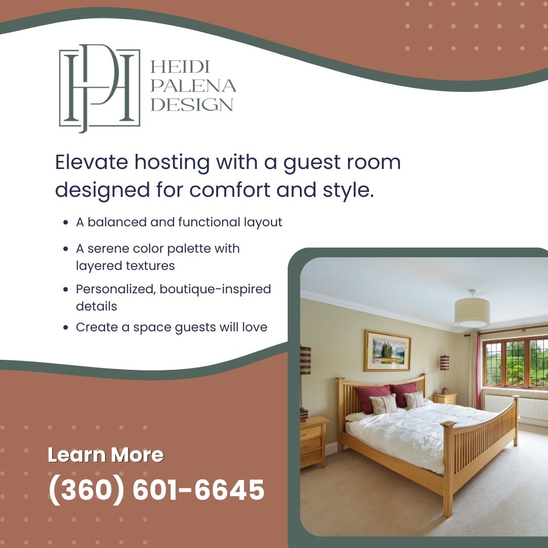 Traditional bedroom featuring a wooden sleigh bed, beige walls, and views of greenery outside the window. Heidi Palena Design elevates hosting. 