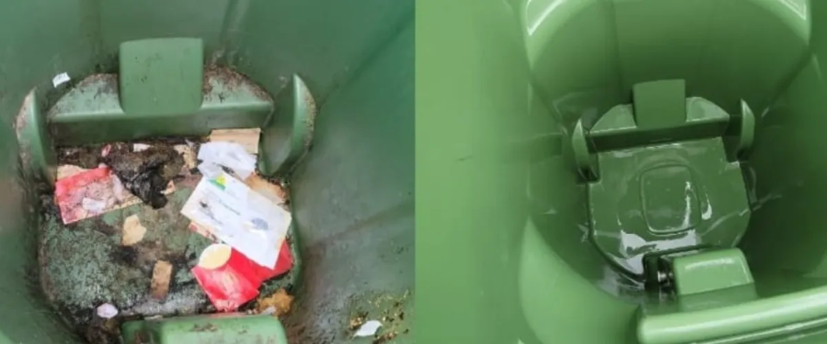 Comparison of a green trash bin before and after professional cleaning. Comparison of a green trash bin before and after professional cleaning.