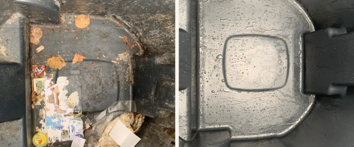 Before and after photo of a dirty trash bin cleaned by Super Bin Wash. Before and after photo of a dirty trash bin cleaned by Super Bin Wash.