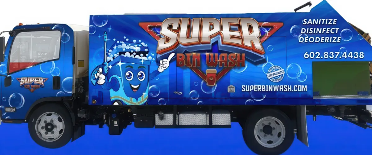 Super Bin Wash branded truck with cartoon trash bin logo. Super Bin Wash branded truck with cartoon trash bin logo.