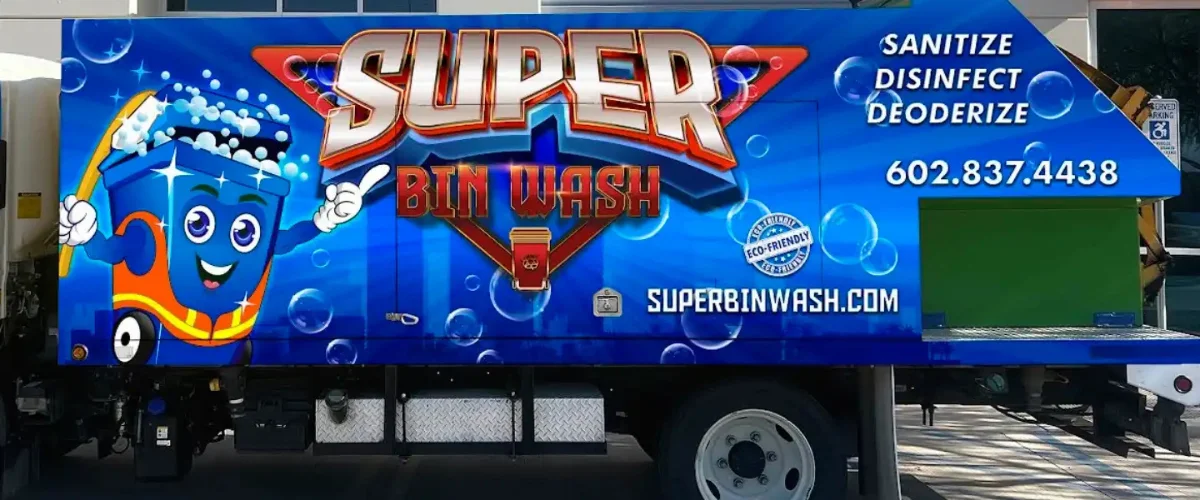 Super Bin Wash service truck with branding and sanitation message displayed. Super Bin Wash service truck with branding and sanitation message displayed.