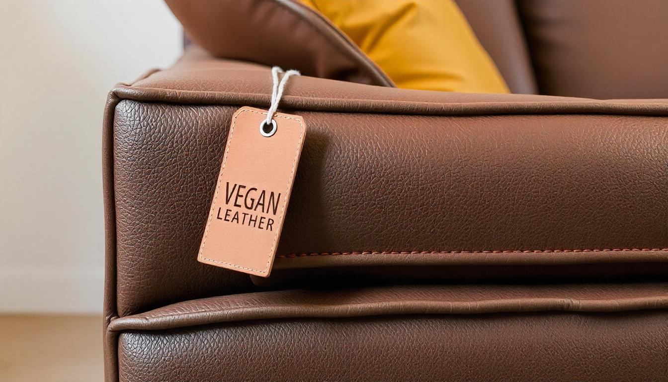 Close-up of a brown vegan leather couch with a tag reading 'Vegan Leather,' highlighting sustainable and cruelty-free furniture materials. Close-up of a brown vegan leather couch with a tag reading 'Vegan Leather,' highlighting sustainable and cruelty-free furniture materials.